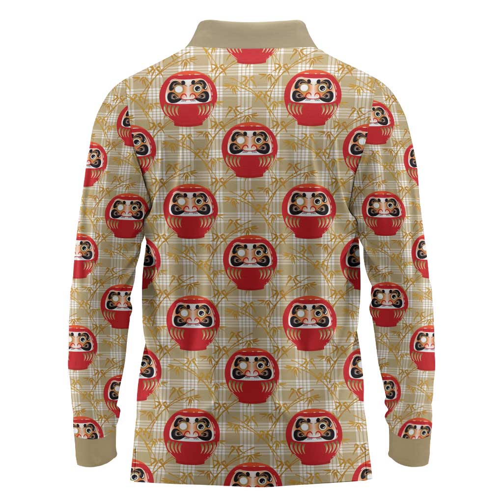 Japanese Daruma Doll Long Sleeve Polo Shirt Palaka With Seamless Bamboo Pattern LT14 - Polynesian Pride