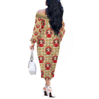Japanese Daruma Doll Off The Shoulder Long Sleeve Dress Palaka With Seamless Bamboo Pattern LT14 - Polynesian Pride