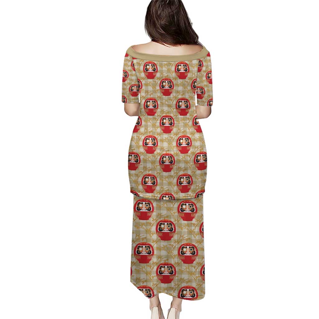 Japanese Daruma Doll Puletasi Palaka With Seamless Bamboo Pattern LT14 - Polynesian Pride