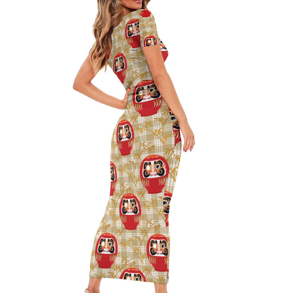 Japanese Daruma Doll Short Sleeve Bodycon Dress Palaka With Seamless Bamboo Pattern LT14 - Polynesian Pride