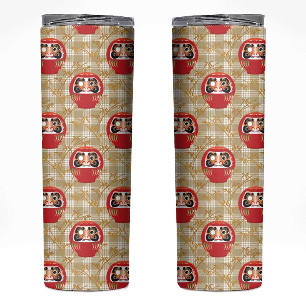 Japanese Daruma Doll Skinny Tumbler Palaka With Seamless Bamboo Pattern LT14 Beige - Polynesian Pride