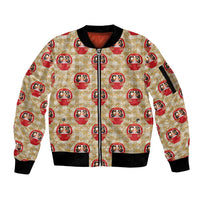 Japanese Daruma Doll Sleeve Zip Bomber Jacket Palaka With Seamless Bamboo Pattern LT14 Unisex Beige - Polynesian Pride