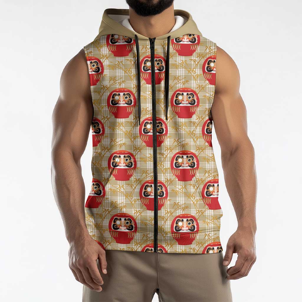 Japanese Daruma Doll Sleeveless Zip Hoodie Palaka With Seamless Bamboo Pattern LT14 - Polynesian Pride