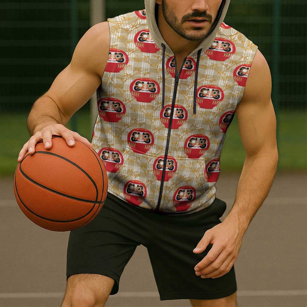 Japanese Daruma Doll Sleeveless Zip Hoodie Palaka With Seamless Bamboo Pattern LT14 - Polynesian Pride