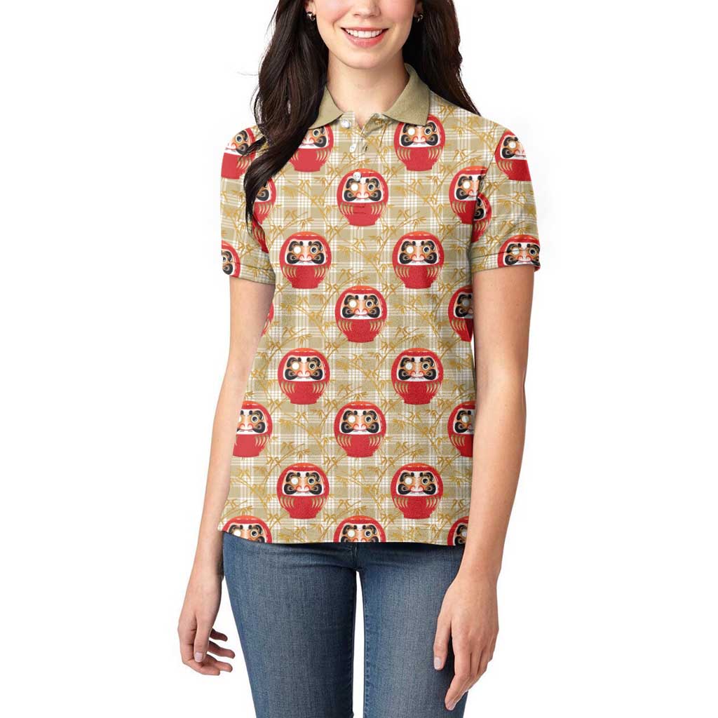 Japanese Daruma Doll Women Polo Shirt Palaka With Seamless Bamboo Pattern LT14 - Polynesian Pride