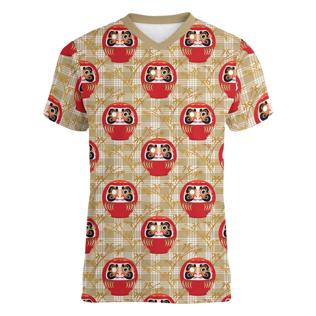 Japanese Daruma Doll Women V-Neck T-Shirt Palaka With Seamless Bamboo Pattern LT14 Female Beige - Polynesian Pride