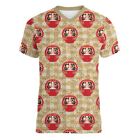 Japanese Daruma Doll Women V-Neck T-Shirt Palaka With Seamless Bamboo Pattern - Polynesian Pride