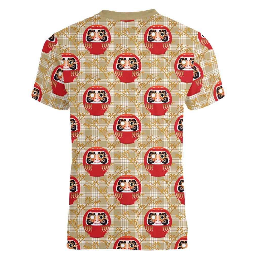 Japanese Daruma Doll Women V-Neck T-Shirt Palaka With Seamless Bamboo Pattern - Polynesian Pride