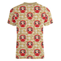 Japanese Daruma Doll Women V-Neck T-Shirt Palaka With Seamless Bamboo Pattern - Polynesian Pride
