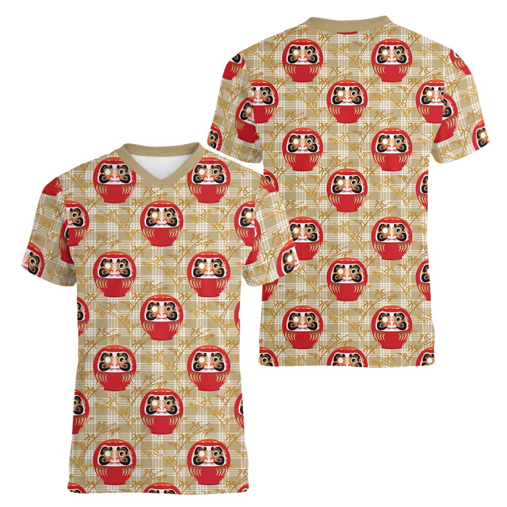 Japanese Daruma Doll Women V-Neck T-Shirt Palaka With Seamless Bamboo Pattern - Polynesian Pride