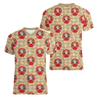 Japanese Daruma Doll Women V-Neck T-Shirt Palaka With Seamless Bamboo Pattern - Polynesian Pride