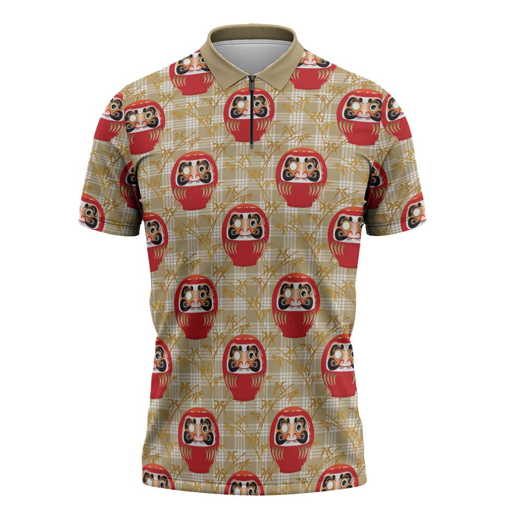 Japanese Daruma Doll Zipper Polo Shirt Palaka With Seamless Bamboo Pattern LT14 Beige - Polynesian Pride