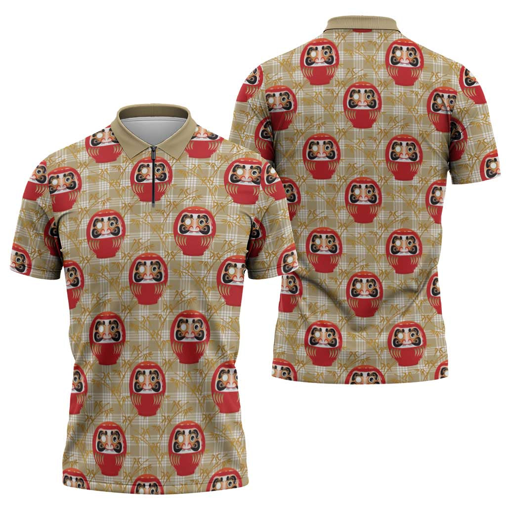 Japanese Daruma Doll Zipper Polo Shirt Palaka With Seamless Bamboo Pattern LT14 - Polynesian Pride