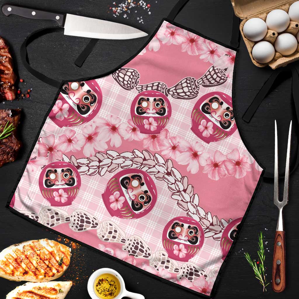 Japanese Daruma Doll Palaka Apron Cherry Blossoms With Shell Lei LT14 Pink - Polynesian Pride