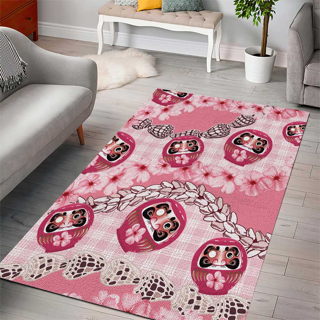 Japanese Daruma Doll Palaka Area Rug Cherry Blossoms With Shell Lei LT14 - Polynesian Pride