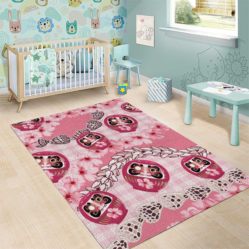 Japanese Daruma Doll Palaka Area Rug Cherry Blossoms With Shell Lei LT14 - Polynesian Pride