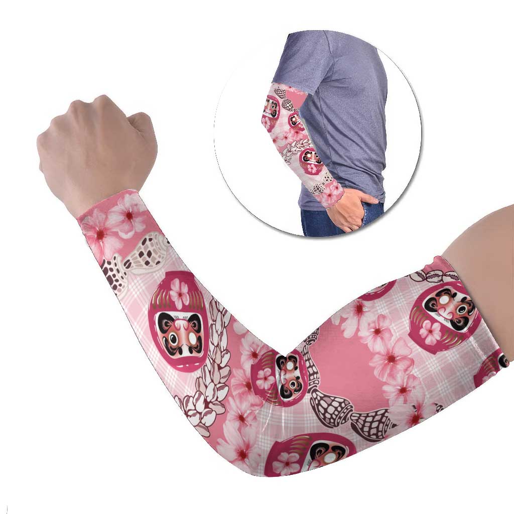 Japanese Daruma Doll Palaka Arm Sleeves Cherry Blossoms With Shell Lei LT14 Set of 2 Pink - Polynesian Pride