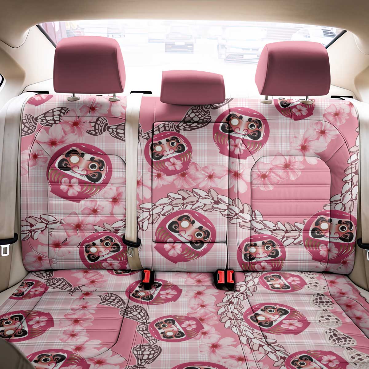 Japanese Daruma Doll Palaka Back Car Seat Cover Cherry Blossoms With Shell Lei LT14 - Polynesian Pride