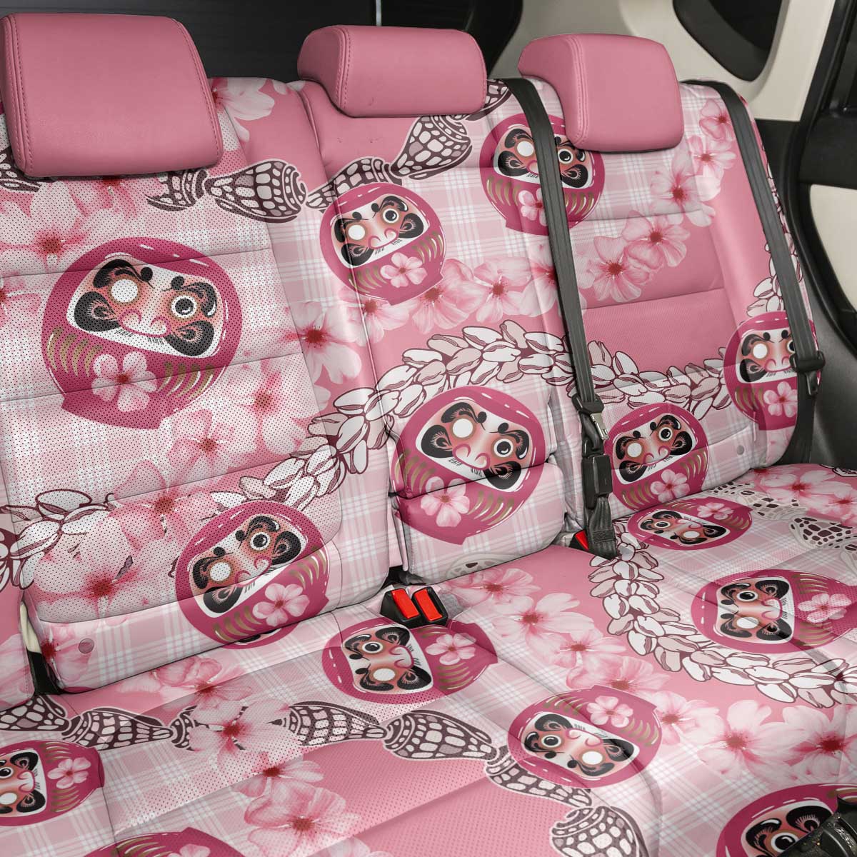 Japanese Daruma Doll Palaka Back Car Seat Cover Cherry Blossoms With Shell Lei LT14 - Polynesian Pride