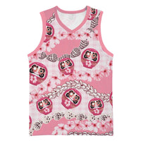Japanese Daruma Doll Palaka Basketball Jersey Cherry Blossoms With Shell Lei - Polynesian Pride