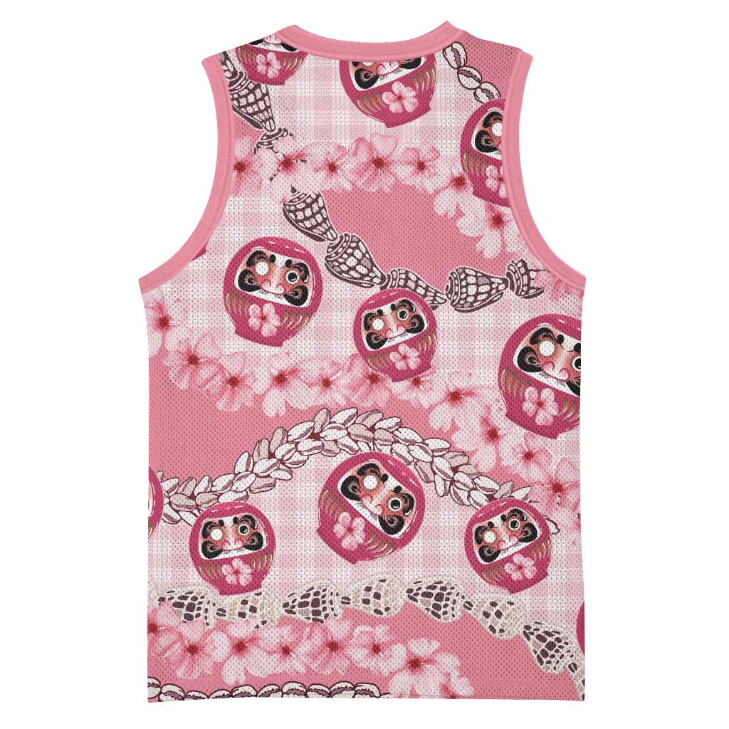 Japanese Daruma Doll Palaka Basketball Jersey Cherry Blossoms With Shell Lei - Polynesian Pride