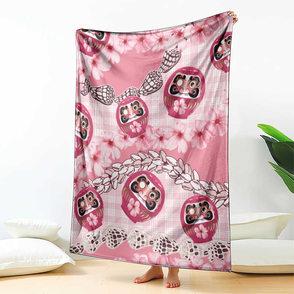 Japanese Daruma Doll Palaka Blanket Cherry Blossoms With Shell Lei LT14 - Polynesian Pride