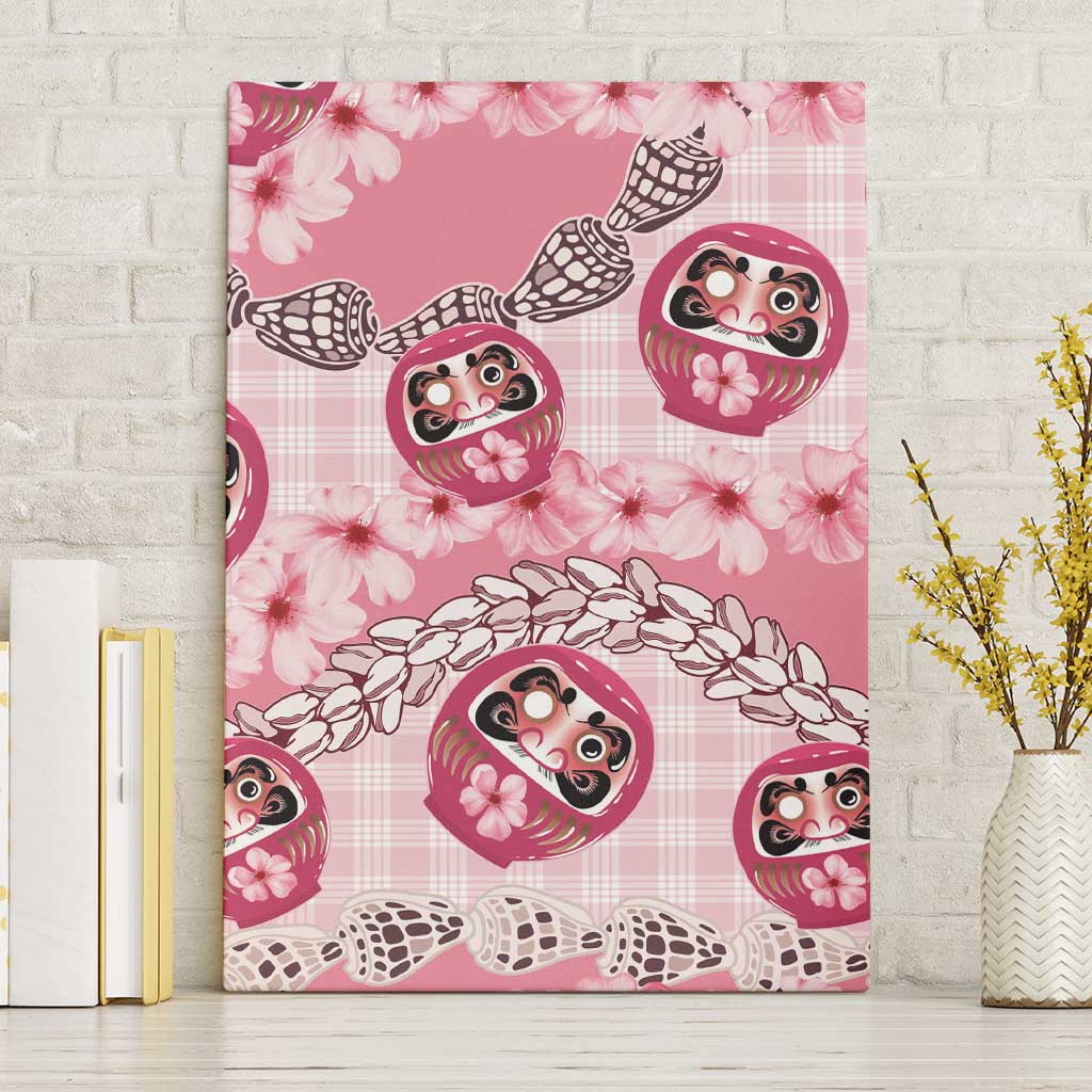 Japanese Daruma Doll Palaka Canvas Wall Art Cherry Blossoms With Shell Lei LT14 Without Frame Pink - Polynesian Pride