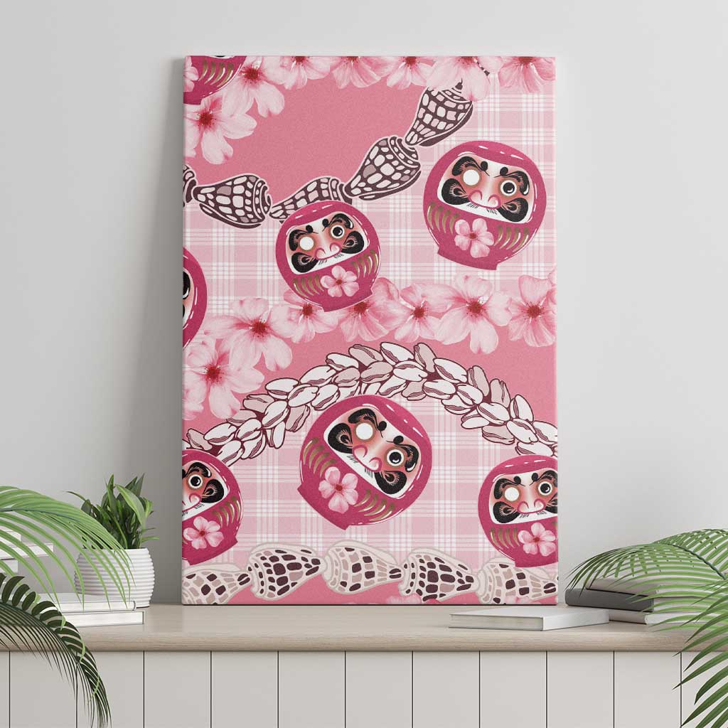 Japanese Daruma Doll Palaka Canvas Wall Art Cherry Blossoms With Shell Lei LT14 - Polynesian Pride