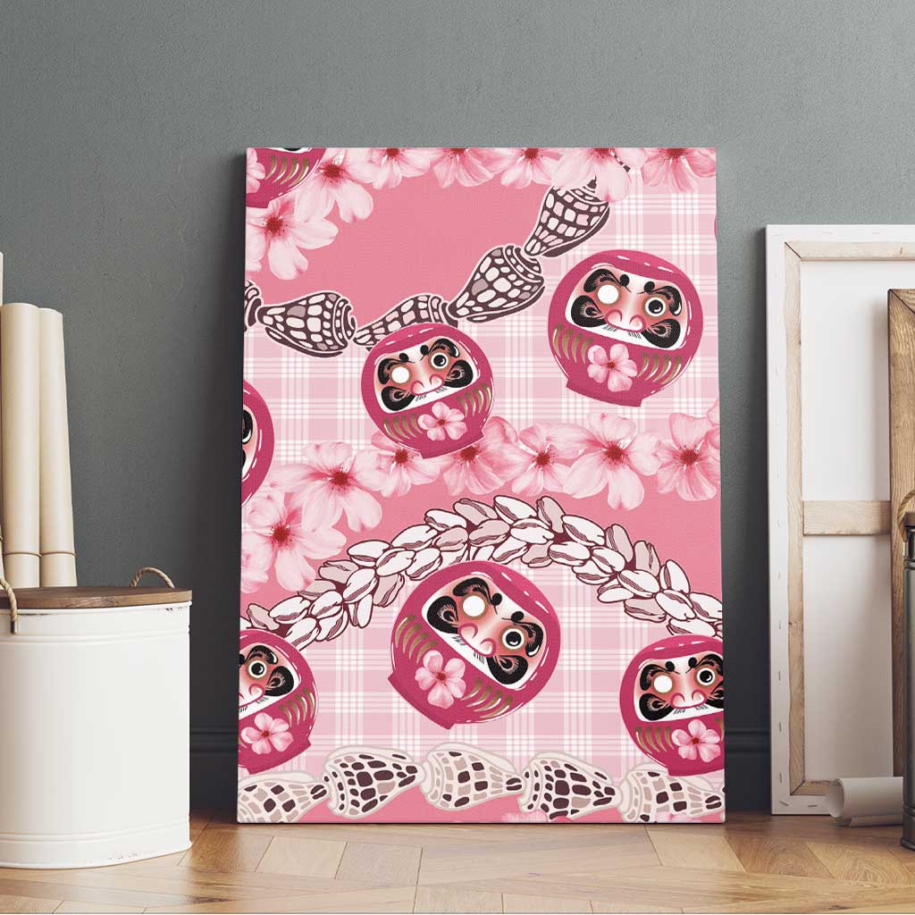 Japanese Daruma Doll Palaka Canvas Wall Art Cherry Blossoms With Shell Lei LT14 - Polynesian Pride