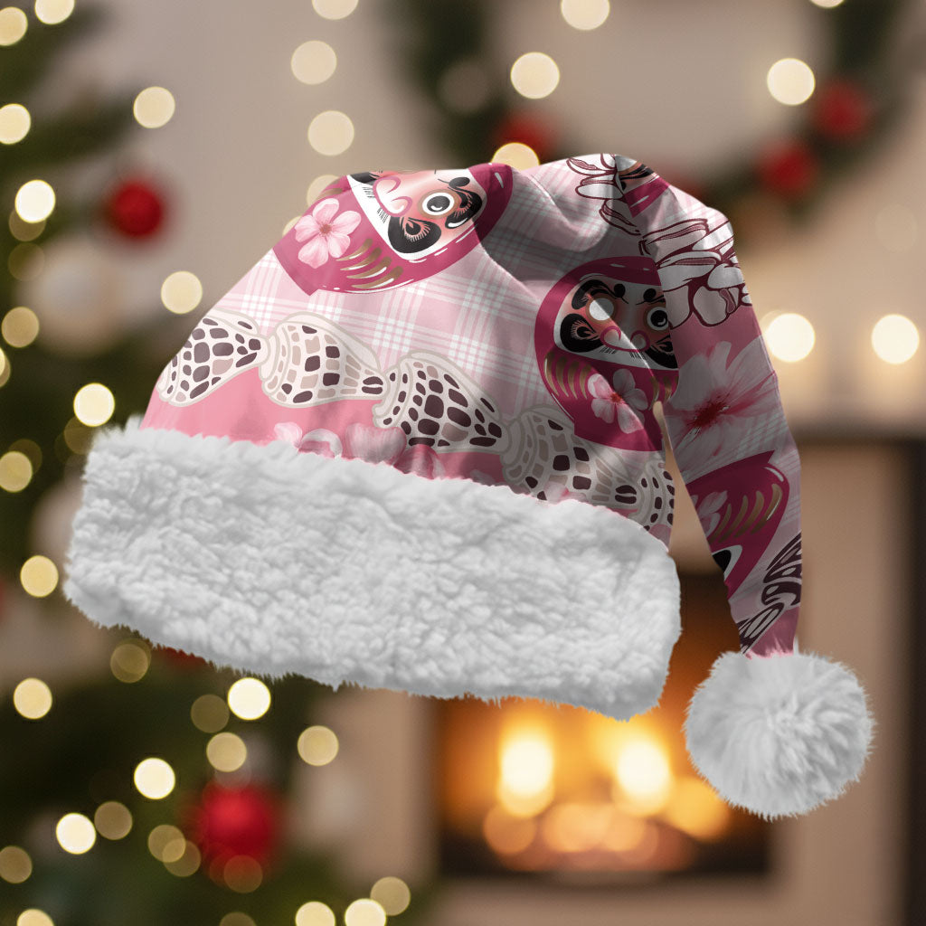 Japanese Daruma Doll Palaka Christmas Santa Hat Cherry Blossoms With Shell Lei LT14 With Fur Pink - Polynesian Pride