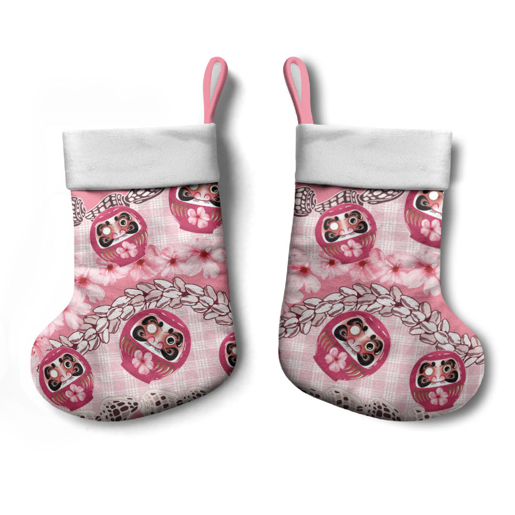 Japanese Daruma Doll Palaka Christmas Stocking Cherry Blossoms With Shell Lei LT14 - Polynesian Pride