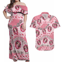 Japanese Daruma Doll Palaka Couples Matching Off Shoulder Maxi Dress and Hawaiian Shirt Cherry Blossoms With Shell Lei LT14 Pink - Polynesian Pride