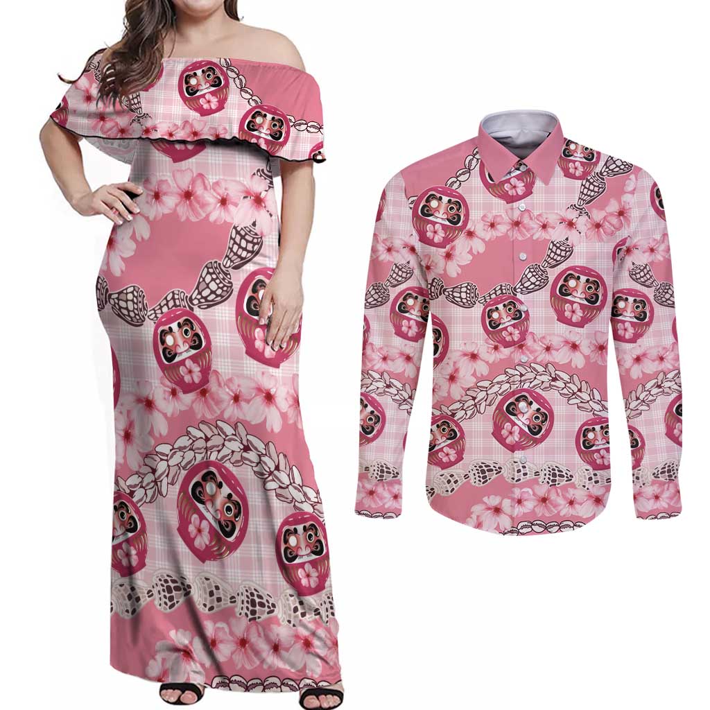 Japanese Daruma Doll Palaka Couples Matching Off Shoulder Maxi Dress and Long Sleeve Button Shirt Cherry Blossoms With Shell Lei LT14 Pink - Polynesian Pride