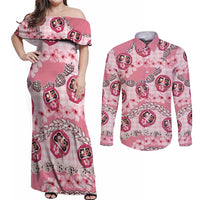 Japanese Daruma Doll Palaka Couples Matching Off Shoulder Maxi Dress and Long Sleeve Button Shirt Cherry Blossoms With Shell Lei LT14 Pink - Polynesian Pride