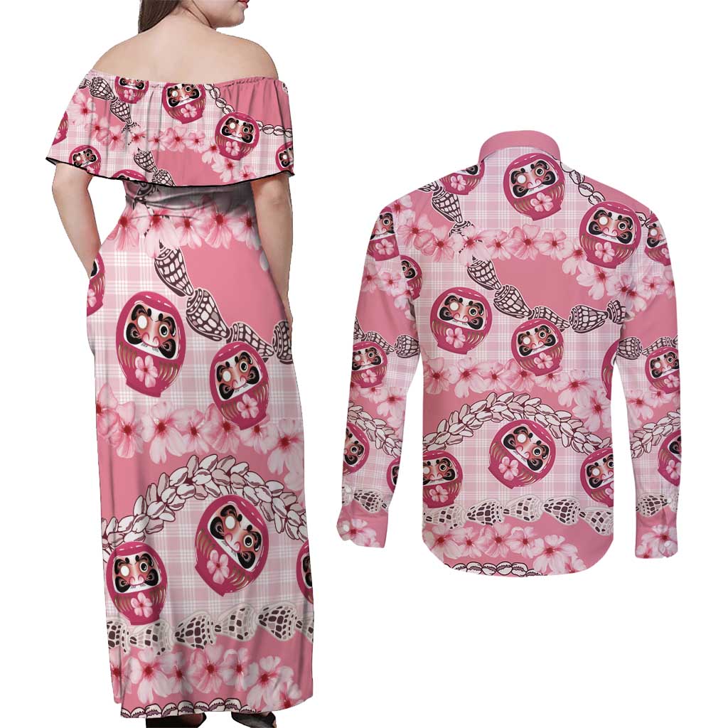 Japanese Daruma Doll Palaka Couples Matching Off Shoulder Maxi Dress and Long Sleeve Button Shirt Cherry Blossoms With Shell Lei LT14 - Polynesian Pride