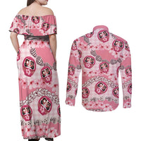 Japanese Daruma Doll Palaka Couples Matching Off Shoulder Maxi Dress and Long Sleeve Button Shirt Cherry Blossoms With Shell Lei LT14 - Polynesian Pride