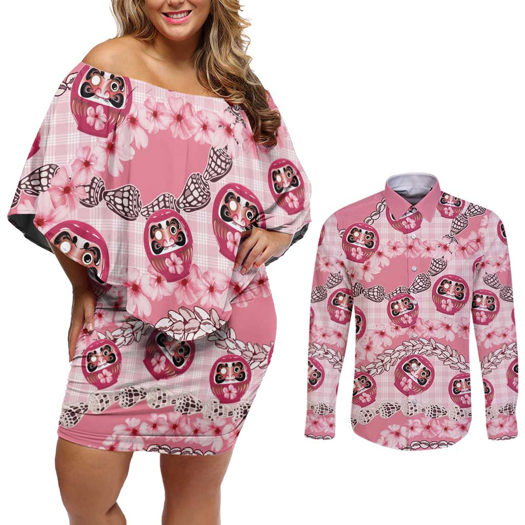 Japanese Daruma Doll Palaka Couples Matching Off Shoulder Short Dress and Long Sleeve Button Shirt Cherry Blossoms With Shell Lei LT14 Pink - Polynesian Pride