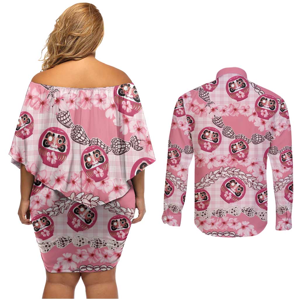 Japanese Daruma Doll Palaka Couples Matching Off Shoulder Short Dress and Long Sleeve Button Shirt Cherry Blossoms With Shell Lei LT14 - Polynesian Pride