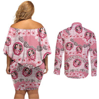 Japanese Daruma Doll Palaka Couples Matching Off Shoulder Short Dress and Long Sleeve Button Shirt Cherry Blossoms With Shell Lei LT14 - Polynesian Pride