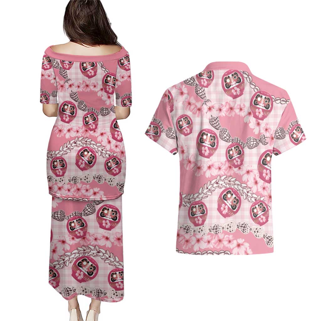 Japanese Daruma Doll Palaka Couples Matching Puletasi and Hawaiian Shirt Cherry Blossoms With Shell Lei LT14 - Polynesian Pride