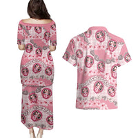 Japanese Daruma Doll Palaka Couples Matching Puletasi and Hawaiian Shirt Cherry Blossoms With Shell Lei LT14 - Polynesian Pride