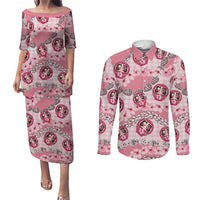 Japanese Daruma Doll Palaka Couples Matching Puletasi and Long Sleeve Button Shirt Cherry Blossoms With Shell Lei LT14 Pink - Polynesian Pride