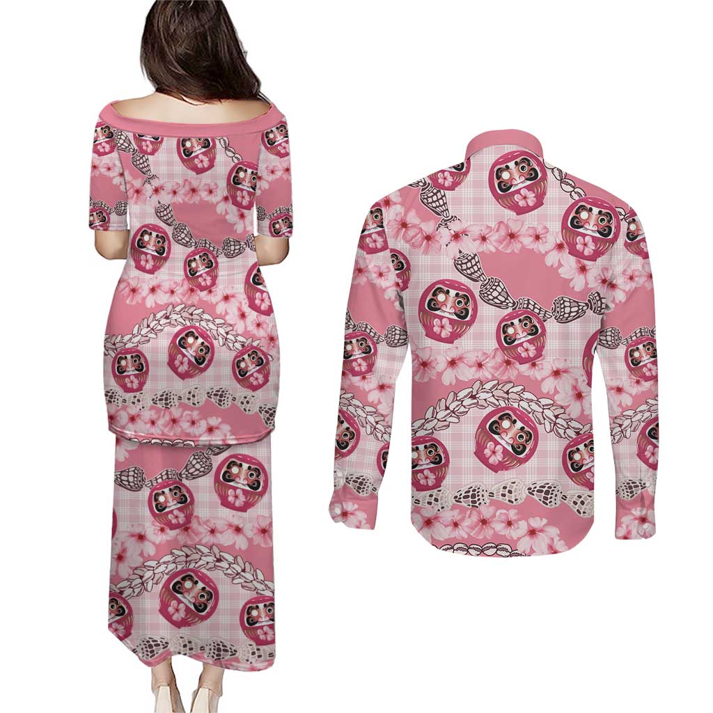 Japanese Daruma Doll Palaka Couples Matching Puletasi and Long Sleeve Button Shirt Cherry Blossoms With Shell Lei LT14 - Polynesian Pride