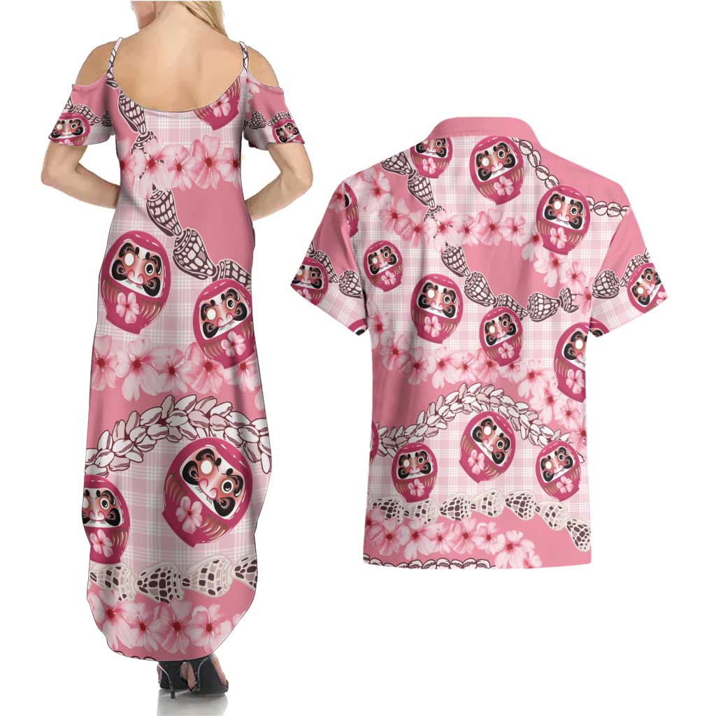 Japanese Daruma Doll Palaka Couples Matching Summer Maxi Dress and Hawaiian Shirt Cherry Blossoms With Shell Lei LT14 - Polynesian Pride