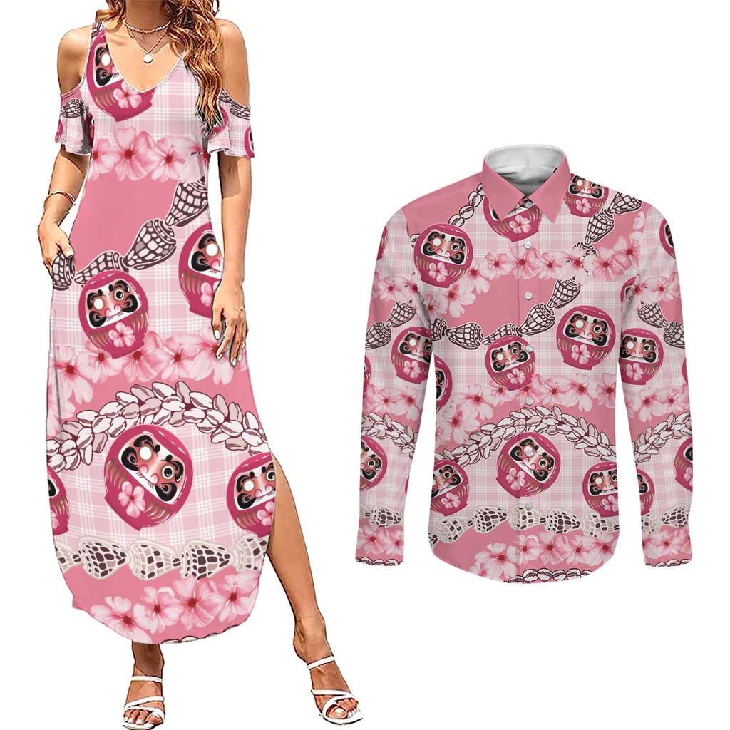 Japanese Daruma Doll Palaka Couples Matching Summer Maxi Dress and Long Sleeve Button Shirt Cherry Blossoms With Shell Lei LT14 Pink - Polynesian Pride