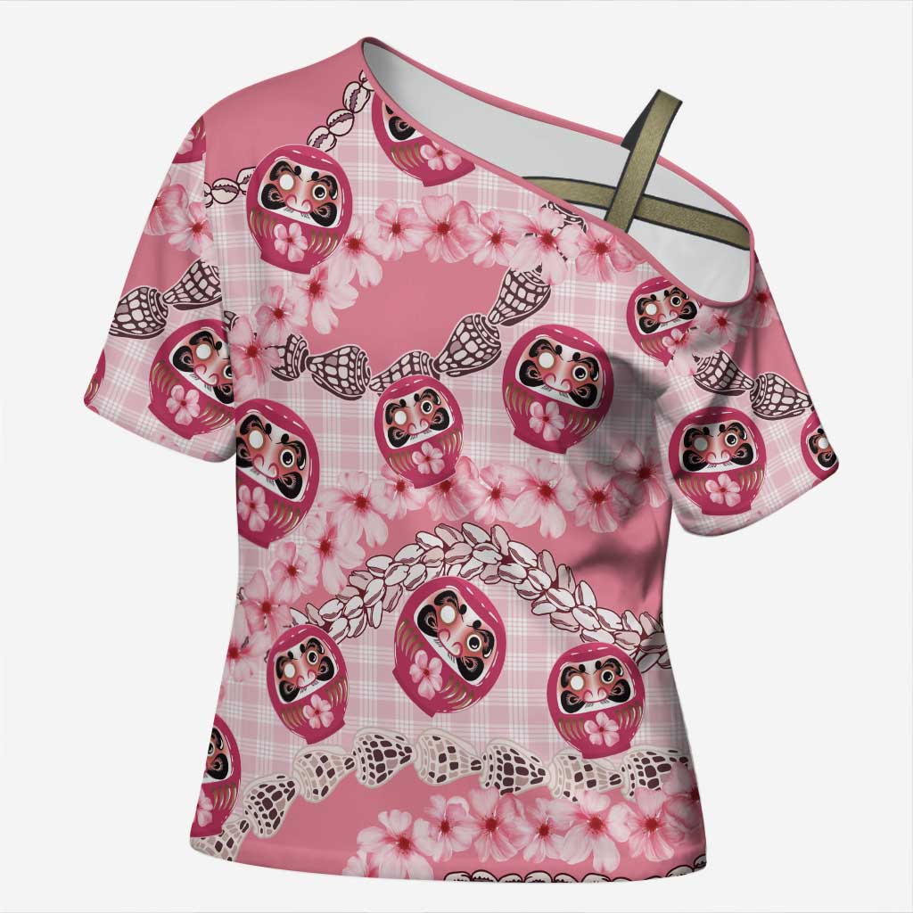Japanese Daruma Doll Palaka Cross Shoulder Shirt Cherry Blossoms With Shell Lei LT14 Female Pink - Polynesian Pride