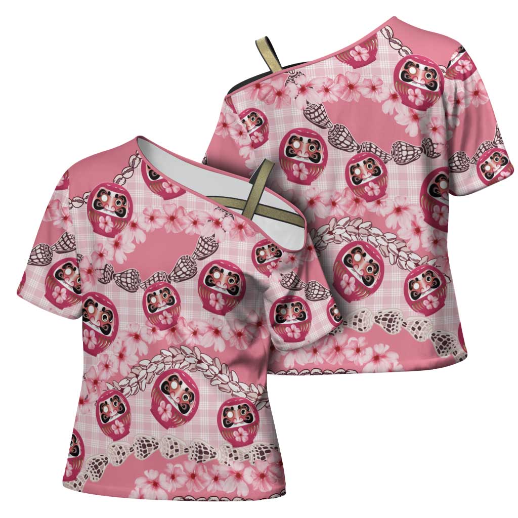 Japanese Daruma Doll Palaka Cross Shoulder Shirt Cherry Blossoms With Shell Lei LT14 - Polynesian Pride
