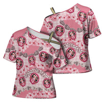 Japanese Daruma Doll Palaka Cross Shoulder Shirt Cherry Blossoms With Shell Lei LT14 - Polynesian Pride