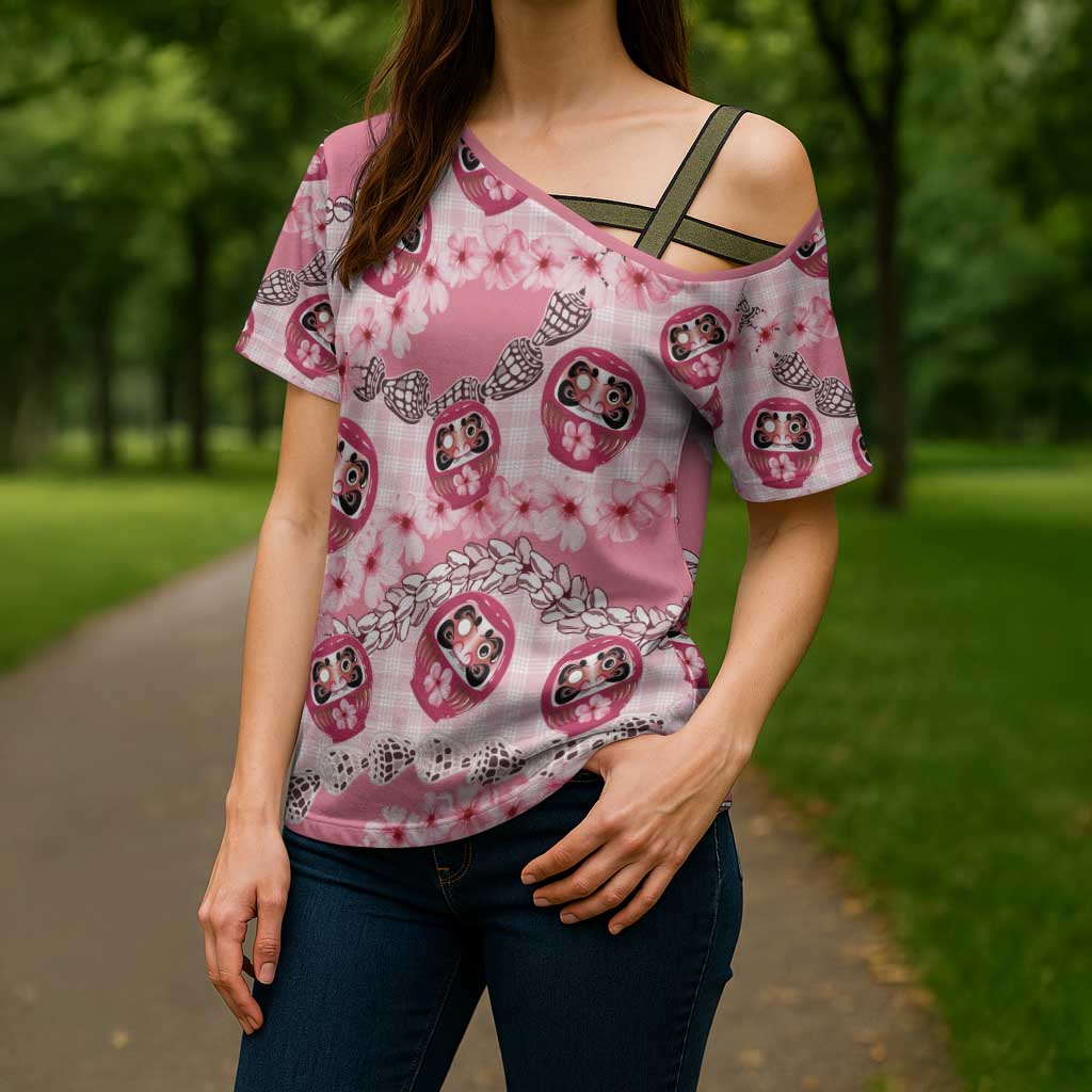 Japanese Daruma Doll Palaka Cross Shoulder Shirt Cherry Blossoms With Shell Lei LT14 - Polynesian Pride