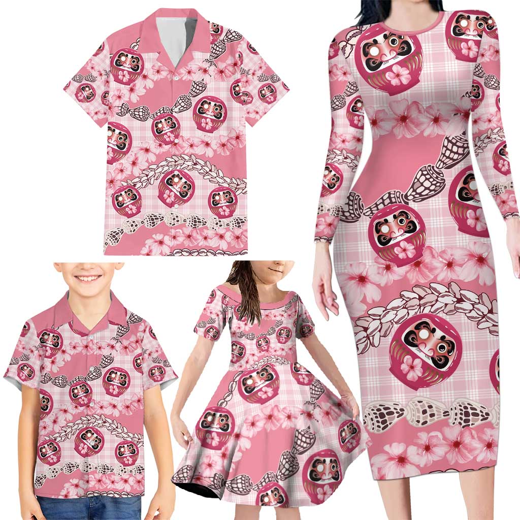 Japanese Daruma Doll Palaka Family Matching Long Sleeve Bodycon Dress and Hawaiian Shirt Cherry Blossoms With Shell Lei - Polynesian Pride